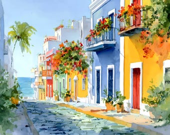 May include: A watercolour painting depicting a vibrant street scene with buildings in blue, yellow, red, and green. Balconies are decorated with bright flowers. A palm tree and the sea are visible in the background. The cobbled street leads towards the ocean.