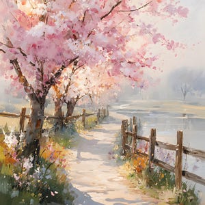 May include: An impressionistic painting of a path lined with blossoming cherry trees. The trees display pink and white flowers, with a wooden fence running alongside the path. The scene evokes a sense of tranquility and springtime beauty.