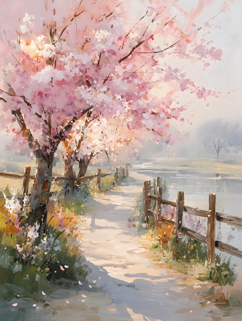May include: An impressionistic painting of a path lined with blossoming cherry trees. The trees display pink and white flowers, with a wooden fence running alongside the path. The scene evokes a sense of tranquility and springtime beauty.