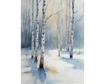 Birch Tree Winter Watercolor Print, Snowy Forest Landscape Art