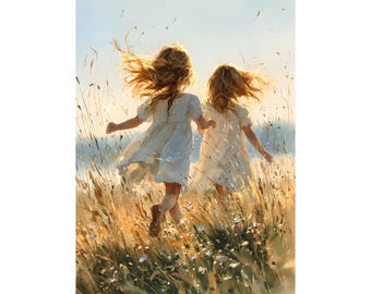 May include: Watercolor painting of two young figures running through a field of tall grass. They wear white dresses, their hair flowing in the wind. The scene is bathed in warm sunlight, creating a sense of joy and freedom.