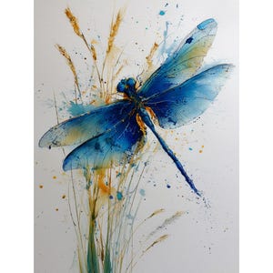 May include: Watercolor painting of a blue dragonfly with translucent wings, accented with yellow and orange hues. The dragonfly is positioned amidst tall, slender grasses, with paint splatters adding a dynamic effect. The artwork is set against a white background.