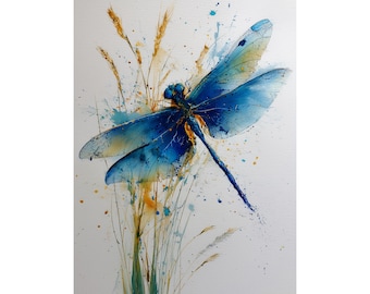Blue Dragonfly Watercolor Print • Insect Wall Art • Modern Botanical Illustration • Nature-Inspired Minimalist Home Decor