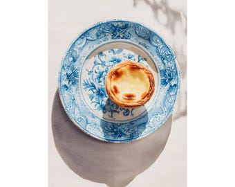 Pastel de Nata Watercolor Print, Portuguese Pastry Wall Art, Blue Tile Kitchen Decor, Lisbon Bakery Illustration