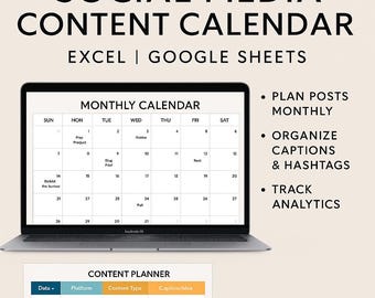 Op de afbeelding: Een laptop toont een social media content kalender. Het scherm toont een maandkalender en een content planner tabel. Tekst bevat "Plan Berichten Maandelijks", "Organiseer Bijschriften & Hashtags" en "Volg Analytics".