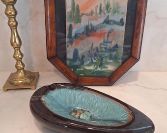 Vintage MCM Ceramic Ashtray/Trinket Dish Avacado Shape, Turquoise Drip Glaze Eames Era Retro