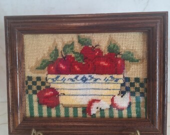 Vintage Framed Handmade Cross Stitch/Needlepoint Bowl of Apples