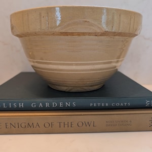 May include: A beige ceramic mixing bowl with a thick, reinforced rim and subtle horizontal grooved lines around the body. The bowl features a smooth, glazed finish and sits atop two stacked hardcover books with visible text on their spines.