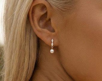 Sterling Silver Dainty Pearl Drop Earrings, Minimalist Bridal Earrings, Bridesmaid Gift
