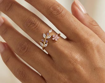 Sterling Silber Blumenring, offenes Blatt & rosa CZ Blume