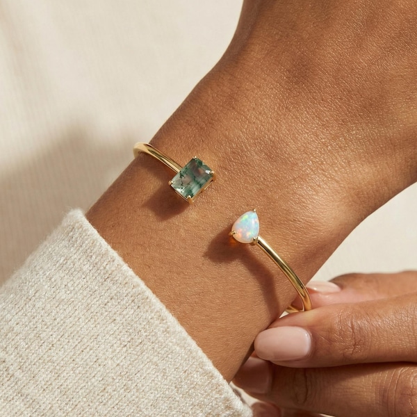 Moss Agate Opal Cuff Bracelet, Gold S925 Sterling Silver Bangle