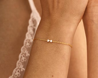 Bracelet noeud plaqué or 14 carats, cz double coeur, chaîne bijoux délicats
