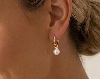 Sterling Silver Pearl Drop Hoop Earrings, Minimal Bridal Earrings
