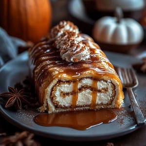 Könnte beinhalten: Eine Scheibe Kürbisrollen-Kuchen auf einem grauen Teller, beträufelt mit Karamellsauce und garniert mit Schlagsahne und Kakaopulver. Die Scheibe liegt neben einer Gabel und Sternanis.