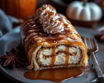 The best recipe of creamy pumpkin roulade with caramel sauce and warm winter spices Download.
