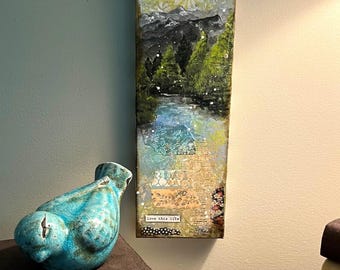 Original Mountain Landscape Painting, Mixed Media, Nature Art (4x12 inch)