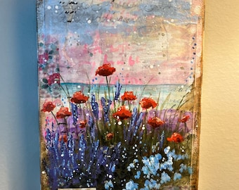 Pintura floral original / Arte de flores silvestres en técnica mixta / Decoración colorida para la pared del jardín