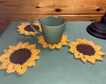 Crocheted Sunflower Coasters: Handmade Acrylic Yarn Coasters