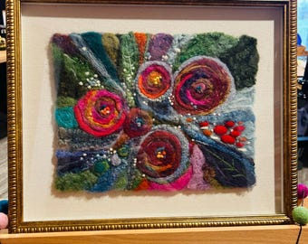 Needle felted fiber art painting “Late Summer Bouquet”
