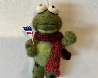 Needle Felted Portland Protest Frog Ornament, Patriotic Collectible Anti Ice