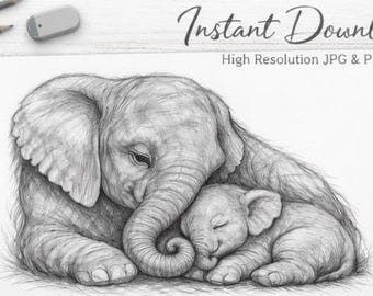 Realistic Pencil Sketch – Elephant and Calf