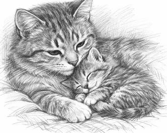 Realistic Pencil Sketch – Mama Cat and Kitten