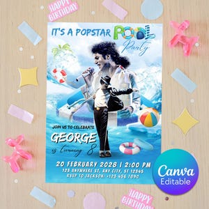 May include: A rectangular party invitation featuring a popstar theme with a large image of a singer and a smaller figure in a black suit and hat. The text reads IT'S A POPSTAR POOL PARTY, JOIN US TO CELEBRATE GEORGE is turning 8, 20 FEBRUARY 2028.