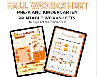 May include: Two digital tablets displaying fall-themed worksheets for pre-K and kindergarten. The worksheets feature pumpkins, acorns, and other autumn elements. Text on the tablets reads "FALL WORKSHEET" and "Fall Counting". The image also includes the text "16 pages of fall themed fun".