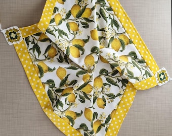 Handmade Lemon Print Polka Dot Table Cover – Panama Linen & Cotton Lace