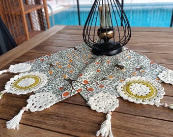 Handmade Linen Table Runner with Cotton Crochet Details