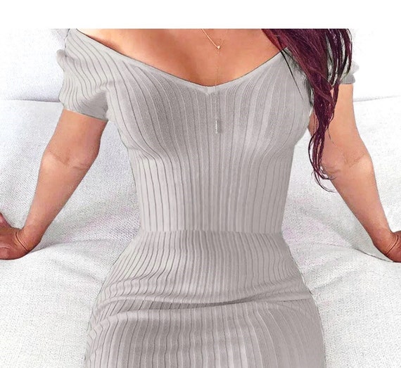 Mini Gray Cable knit Mini Bodycon Dress V Front M… - image 2