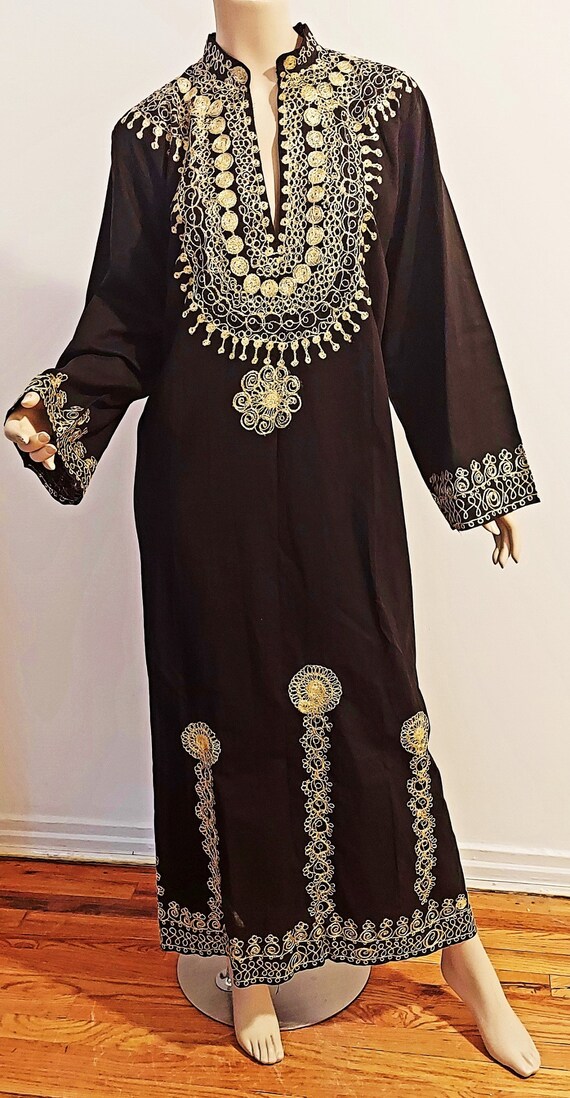 Kaftan Gold Embroidered  Yemenite Black Cotton - image 2