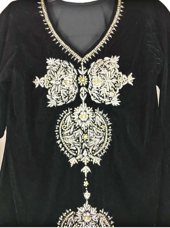 Vtg Velour Boho  Kaftan Dress Zardosi Silver Embr… - image 1