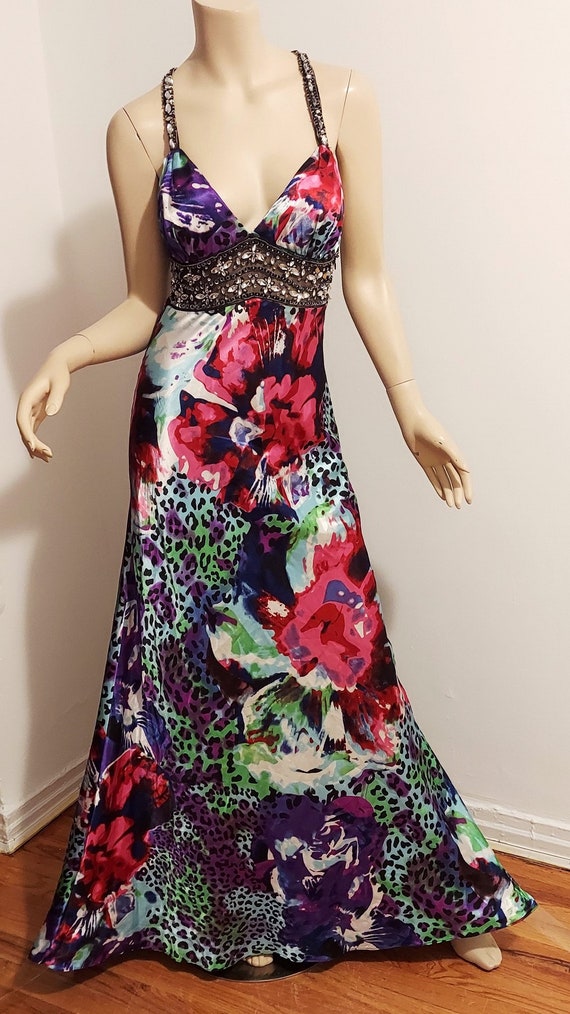 Vtg Purple Floral leopard Satin Bias Maxi dress