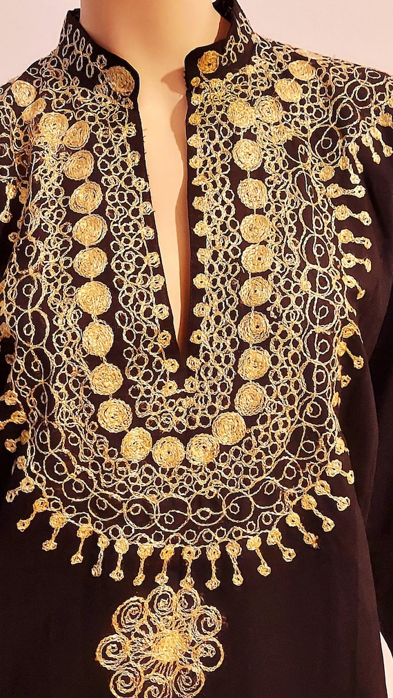 Kaftan Gold Embroidered  Yemenite Black Cotton - image 3