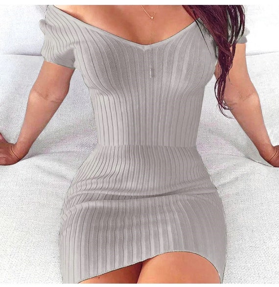 Mini Gray Cable knit Mini Bodycon Dress V Front M… - image 3