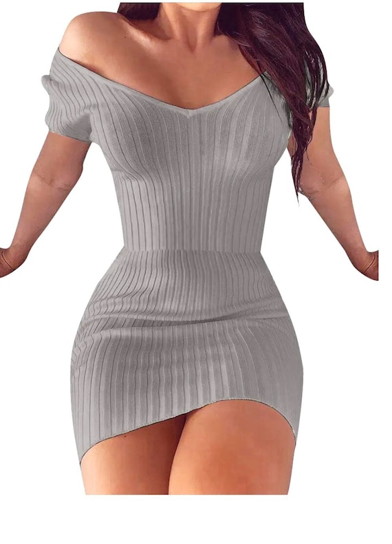 Mini Gray Cable knit Mini Bodycon Dress V Front M… - image 1