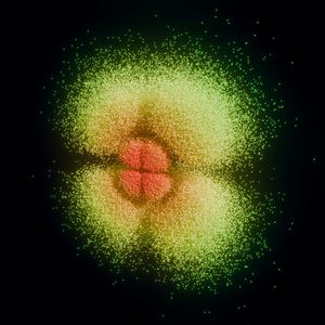 May include: Abstract digital art piece featuring a central cluster of red and orange spheres, surrounded by a cloud of yellow and green particles. The background is solid black, creating a contrast that highlights the vibrant colors and shapes.