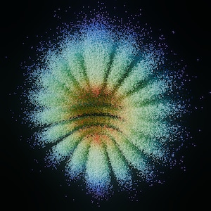 May include: An abstract digital artwork with a radial design. The image displays a central core of red and yellow tones, which then transition outwards to green, blue, and white, all set against a black backdrop.