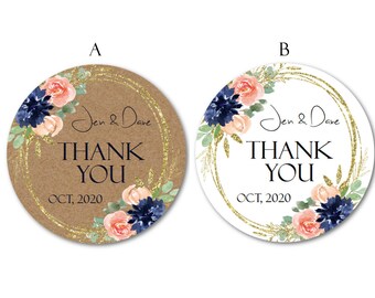 Navy Blue and Blush Stickers, Thank You Stickers, Custom Mason Jar Labels, Custom Floral Stickers