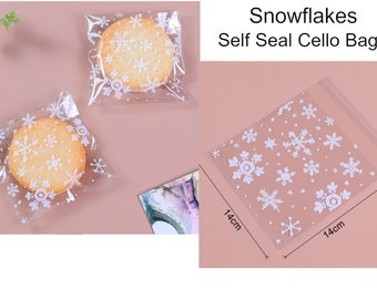 Snowflakes Self Seal Cello Bags - Resealable Food Bags - Cookie Bags - Candy Bags - 14cm x 14cm, Set of 50