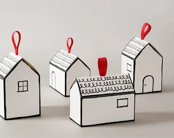 Set of 12 Cute House Gift Boxes - Black and White Favor Boxes with Red Ribbons - Housewarming Gift Box - House Decoration