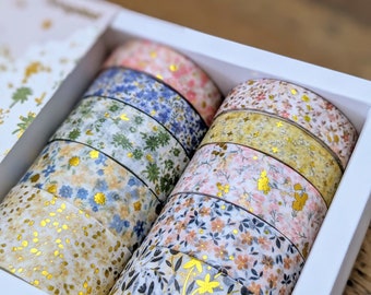 Blooming Flowers Washi Collection - Colorful Flowers with Gold Accent Washi Tapes, Set of 10