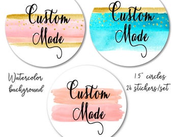 Aquarelle autocollants - Stickers fait sur mesure - autocollants pêches et or - bleu et or - Stickers personnalisés pêche et rose, 1,5", 2 », ou 2,5 »