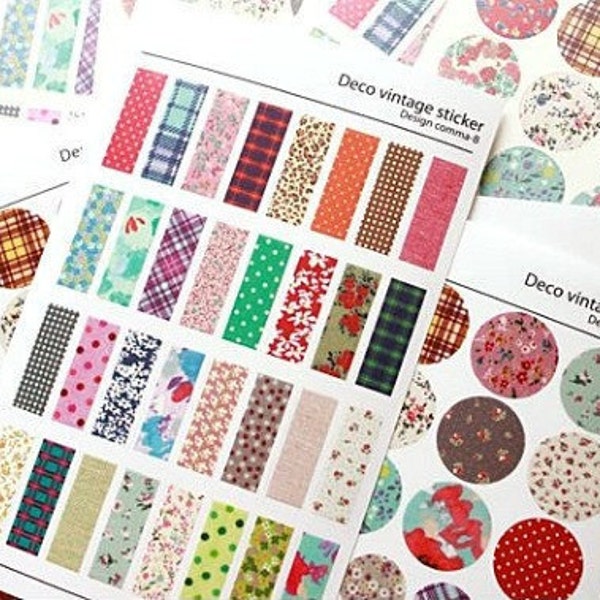 Flowers, Polka Dots, Grids, and Solid Vintage Fabric Pattern Stickers - Set of 6