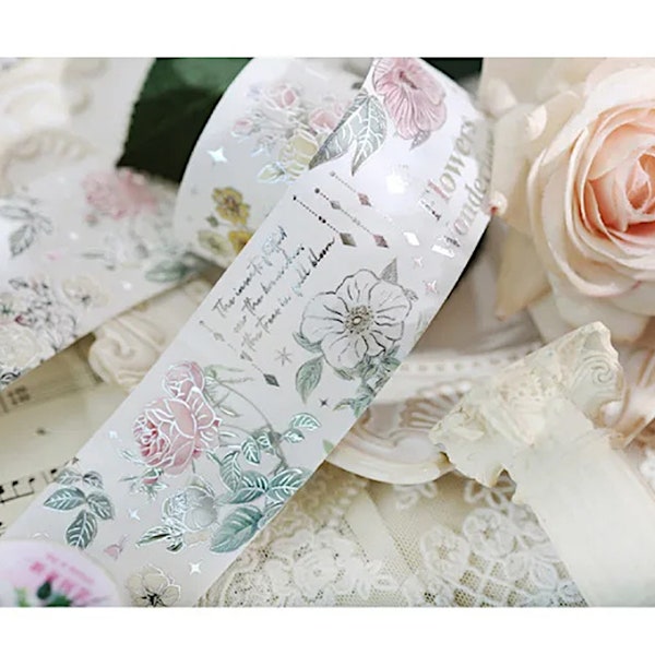 Silver Metallic Flower Garden Washi Tape, 40 mm x 3 m