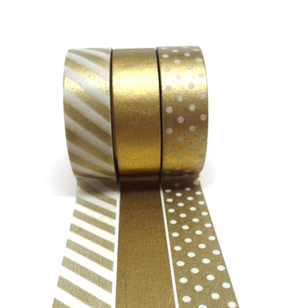 Gold Washi Tape Set, Gold Polka Dot, Gold Stripe, Solid Gold Set of 3