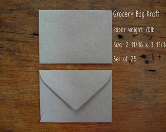 Mini Kraft Envelopes - Grocery Bag Kraft Envelopes - #17 Envelopes - Gift Card Envelopes, Set of 25