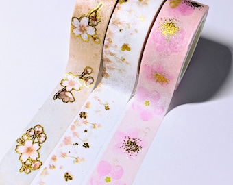 Pink and Gold Cherry Blossoms Washi Tapes Set of 3 (15mm x 5m) - Sakura Washi Tapes - Floral Washi Tapes - Gift Under 10