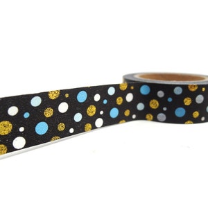 Blue and Gold Polka Dot Washi Tape - Metallic Washi Tape - Blue Dots - Gold Dots - Bubbles